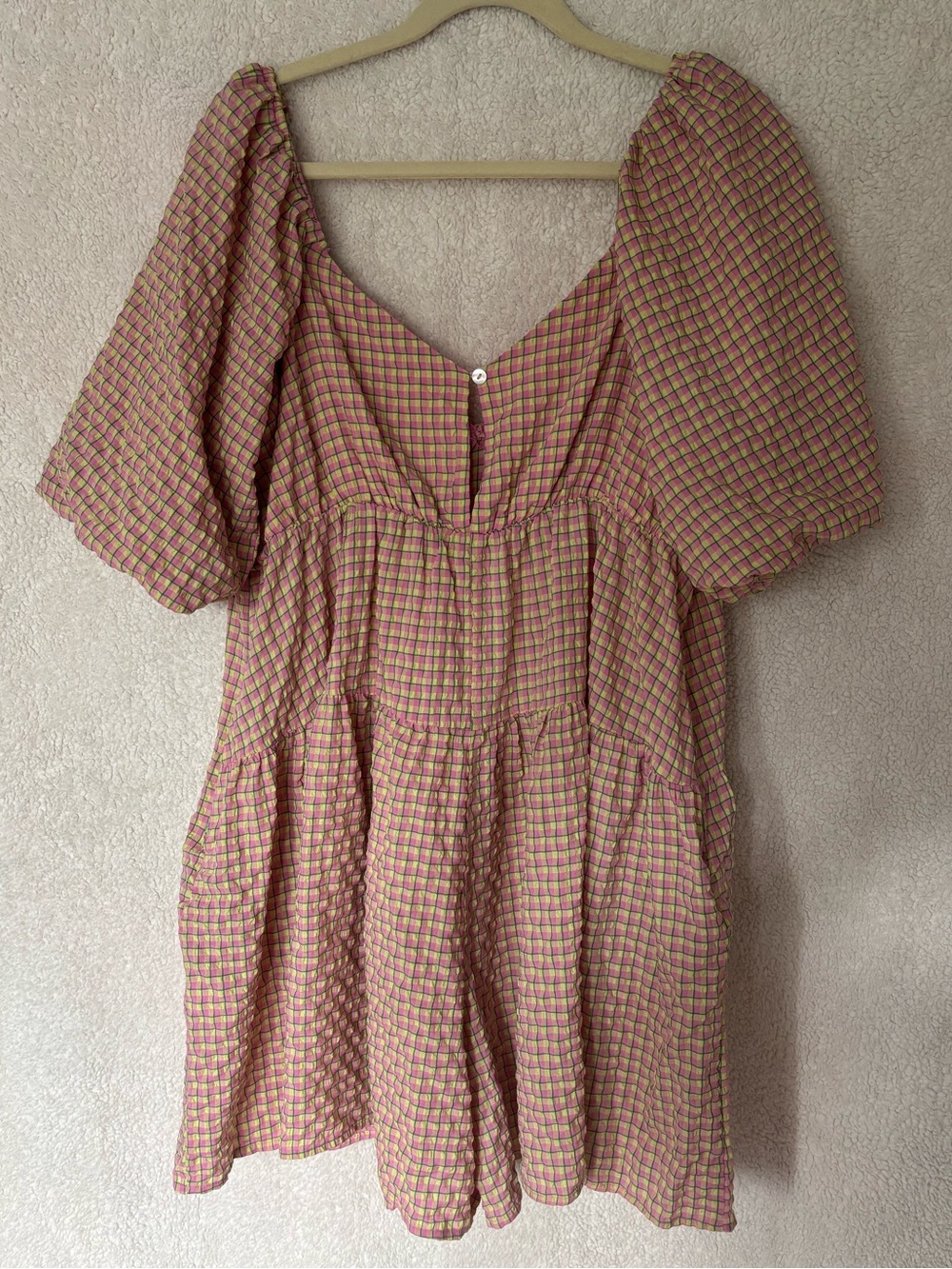 Davi & Dani Pink Yellow & Green Plaid Puff Sleeve Shorts Romper w Pockets - XL